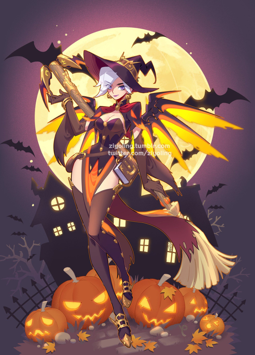 1girl alternate_costume bat breasts cleavage earrings elbow_gloves full_body full_moon gloves halloween halloween_costume hat highres jack-o'-lantern jewelry leaves lipstick looking_at_viewer makeup mechanical_wings medium_breasts mercy_(overwatch) moon night overwatch pumpkin purple_lipstick short_hair smile solo thigh-highs tumblr_username twitter_username violet_eyes watermark web_address white_hair wings witch witch_hat witch_mercy ziyo_ling