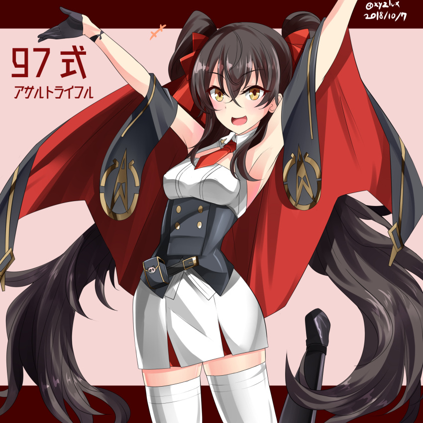 1girl :d armpits arms_up bangs black_cape black_footwear black_gloves blush boots breasts brown_eyes brown_hair cape commentary_request dated eyebrows_visible_through_hair girls_frontline gloves hair_between_eyes half_gloves hebitsukai-san highres knee_boots long_hair looking_at_viewer medium_breasts multicolored multicolored_cape multicolored_clothes necktie open_mouth pink_background pleated_skirt qbz-97_(girls_frontline) red_background red_cape red_neckwear shirt short_necktie skirt sleeveless sleeveless_shirt smile solo standing standing_on_one_leg thigh-highs twintails twitter_username two-tone_background under_boob very_long_hair white_legwear white_shirt white_skirt zettai_ryouiki