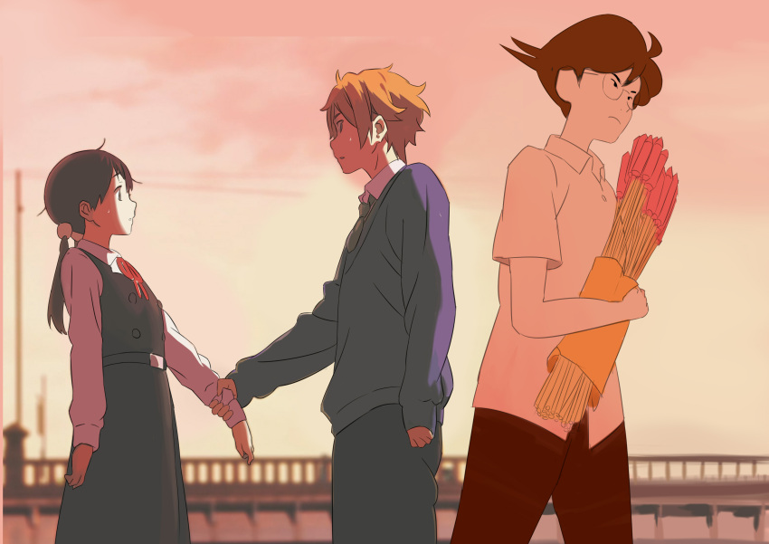 1girl 2boys absurdres arm_at_side black_hair blurry blurry_background bridge brown_hair commentary_request fireworks frown glasses hand_in_pocket hetero highres holding_arm kitashirakawa_tamako long_sleeves male_focus multiple_boys nikolai_ezhov ooji_mochizou pink_sky school_uniform shirt tamako_market twintails watashi white_shirt yojouhan_shinwa_taikei