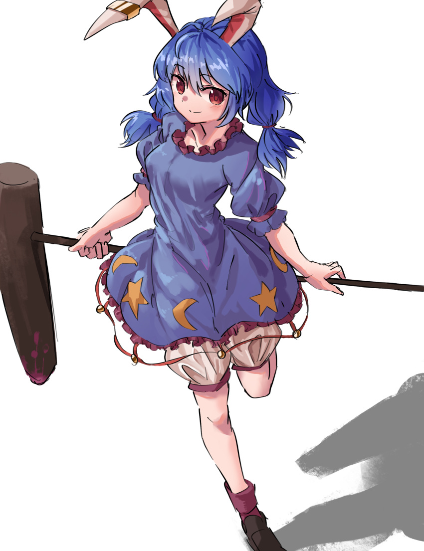 1girl absurdres animal_ears bangs bloomers blue_dress blue_hair closed_mouth crescent dress eyebrows_visible_through_hair frilled_dress frills hair_between_eyes highres holding leg_up long_hair low_twintails mallet nob1109 puffy_short_sleeves puffy_sleeves rabbit_ears red_eyes seiran_(touhou) shadow short_sleeves simple_background smile solo star touhou twintails underwear white_background white_bloomers