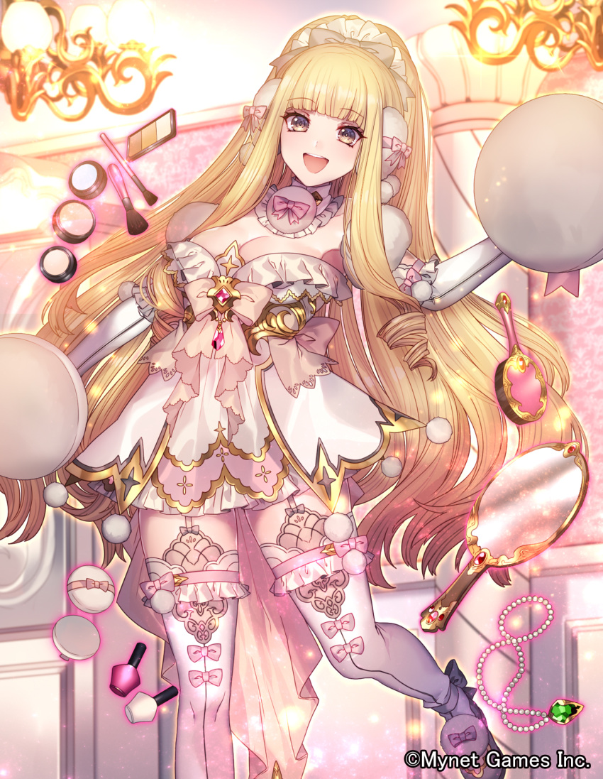 1girl :d bangs blonde_hair blunt_bangs breasts brown_eyes brush cleavage company_name dress elbow_gloves eyebrows_visible_through_hair full_body garter_straps gem glint gloves gyakushuu_no_fantasica hair_brush highres indoors jewelry jewelry_removed katagiri_hachigou long_hair makeup makeup_brush medium_breasts mirror nail_polish_bottle necklace necklace_removed official_art open_mouth smile standing standing_on_one_leg thigh-highs very_long_hair white_dress white_gloves white_legwear