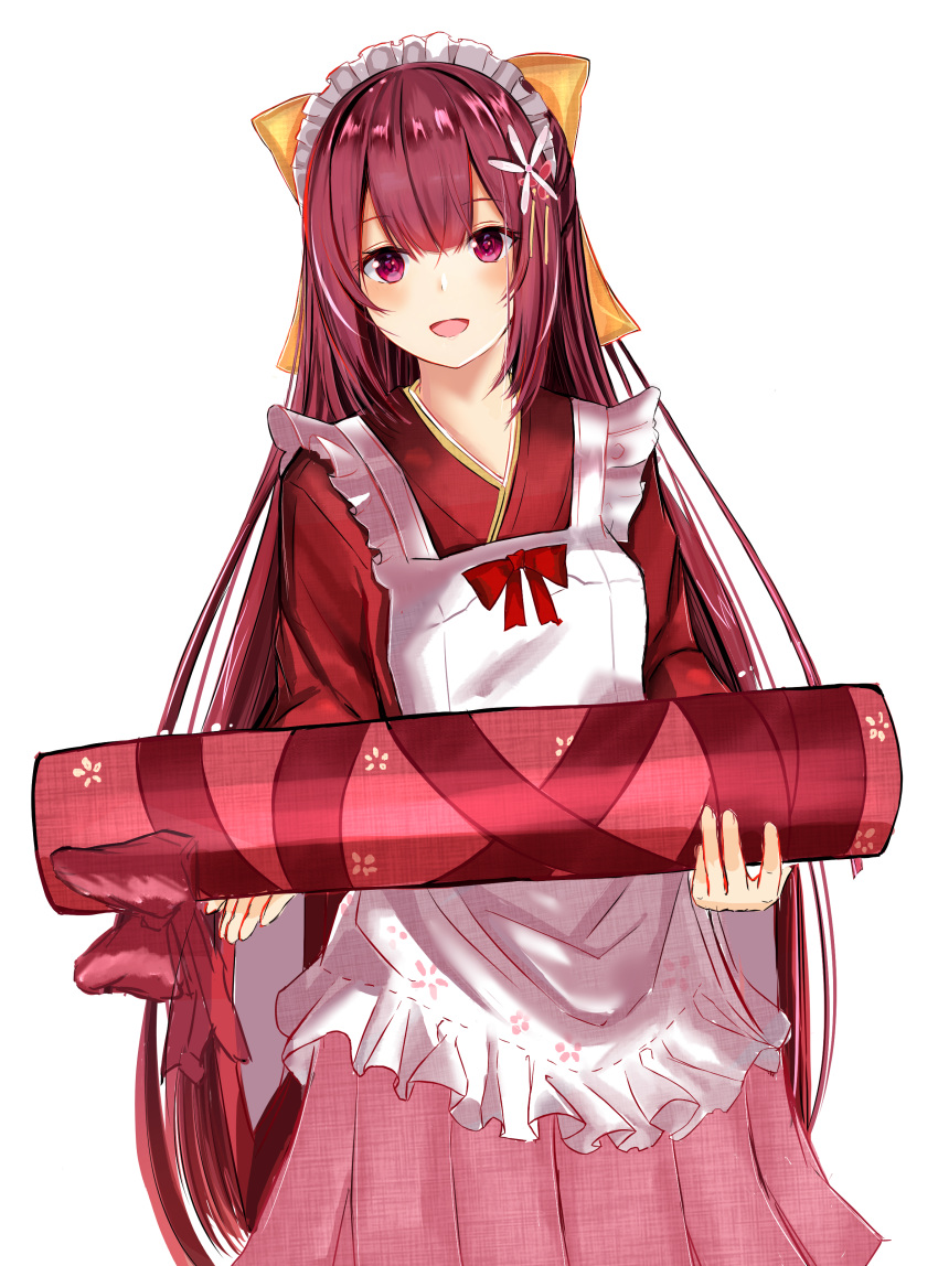 1girl absurdres alternate_costume apron bow hair_bow highres japanese_clothes kamikaze_(kantai_collection) kantai_collection kimono long_hair looking_at_viewer maid_apron maid_headdress pink_skirt purple_hair ria_(riarea00) skirt solo very_long_hair violet_eyes white_background yellow_bow