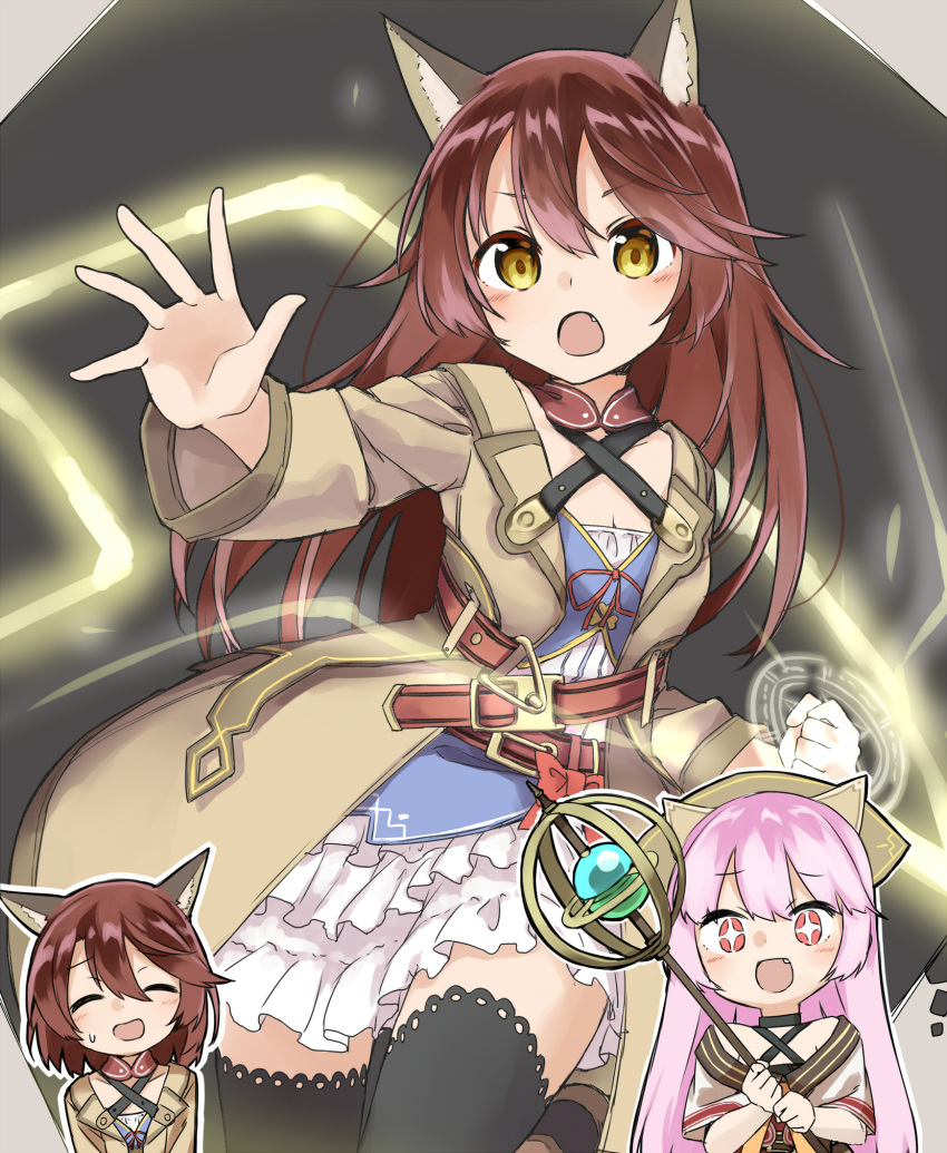 +_+ 3girls :d :o ^_^ amane_rosylily animal_ear_fluff animal_ears bangs bare_shoulders black_choker black_legwear blush bow breasts brown_coat brown_eyes brown_hair capelet choker cleavage clenched_hand closed_eyes closed_eyes coat collarbone commentary_request criss-cross_halter dress eyebrows_visible_through_hair fang fiola_ariete fox_ears hair_between_eyes halterneck head_scarf highres holding holding_staff long_hair long_sleeves magic multiple_girls open_clothes open_coat open_mouth orb original pink_hair red_bow red_eyes sekira_ame small_breasts smile staff thigh-highs two-handed very_long_hair white_capelet white_dress