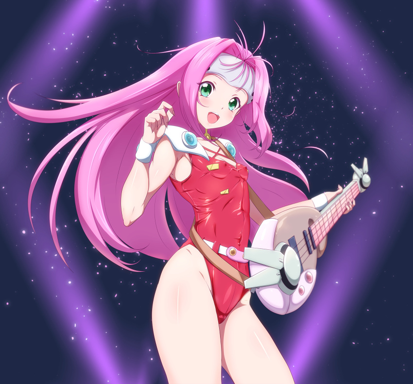 1girl commentary_request cowboy_shot danpu electric_guitar green_eyes guitar headgear highres instrument leotard long_hair looking_at_viewer macross macross_7 mylene_jenius open_mouth pink_hair plectrum purple_background red_leotard smile solo