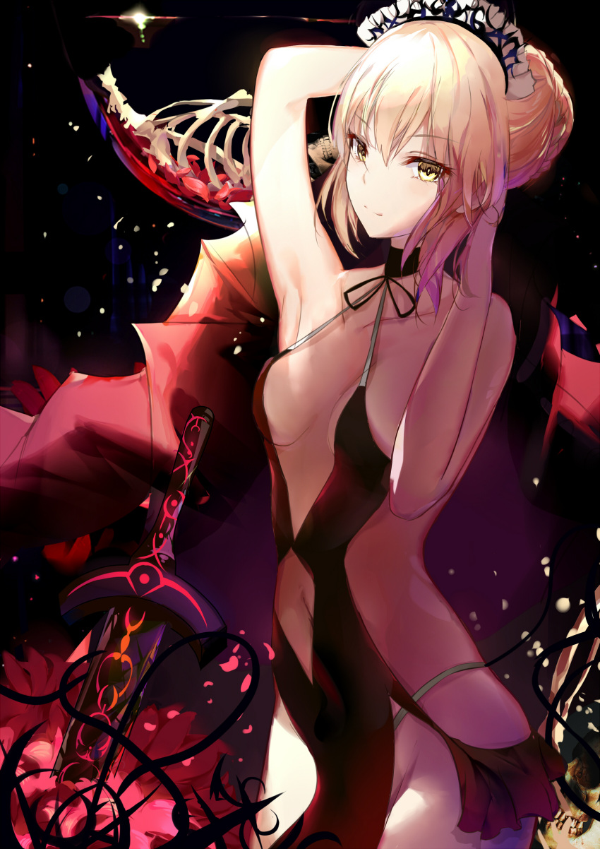 1girl absurdres arm_up artoria_pendragon_(all) bare_arms bare_shoulders black_choker black_ribbon blonde_hair braid breasts choker closed_mouth collarbone commentary_request dark_excalibur dress fallen_heaven fate/grand_order fate/stay_night fate_(series) flower hair_bun hand_in_hair highres looking_at_viewer pelvic_curtain petals red_dress red_flower revealing_clothes ribbon saber_alter sidelocks skeleton skull sleeveless sleeveless_dress small_breasts smile solo yellow_eyes