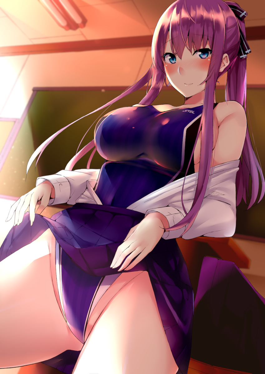 1girl black_ribbon blue_eyes blue_skirt blue_swimsuit blush breasts closed_mouth commentary_request competition_swimsuit eyebrows_visible_through_hair hair_ribbon highres indoors kaerunoashi large_breasts long_hair long_sleeves looking_at_viewer one-piece_swimsuit original purple_hair ribbon shirt skirt solo swimsuit swimsuit_under_clothes twintails white_shirt