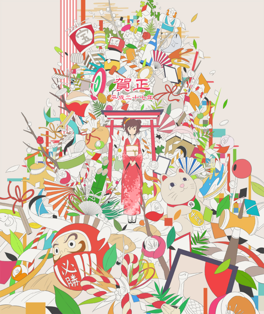 1girl arrow black_eyes bottle brown_hair closed_mouth cube fan fish flat_color flower hebitsukai highres japanese_clothes kimono leaf looking_at_viewer mallet new_year original red_kimono sandals scrunchie sheep short_hair target torii translated tree wine_bottle