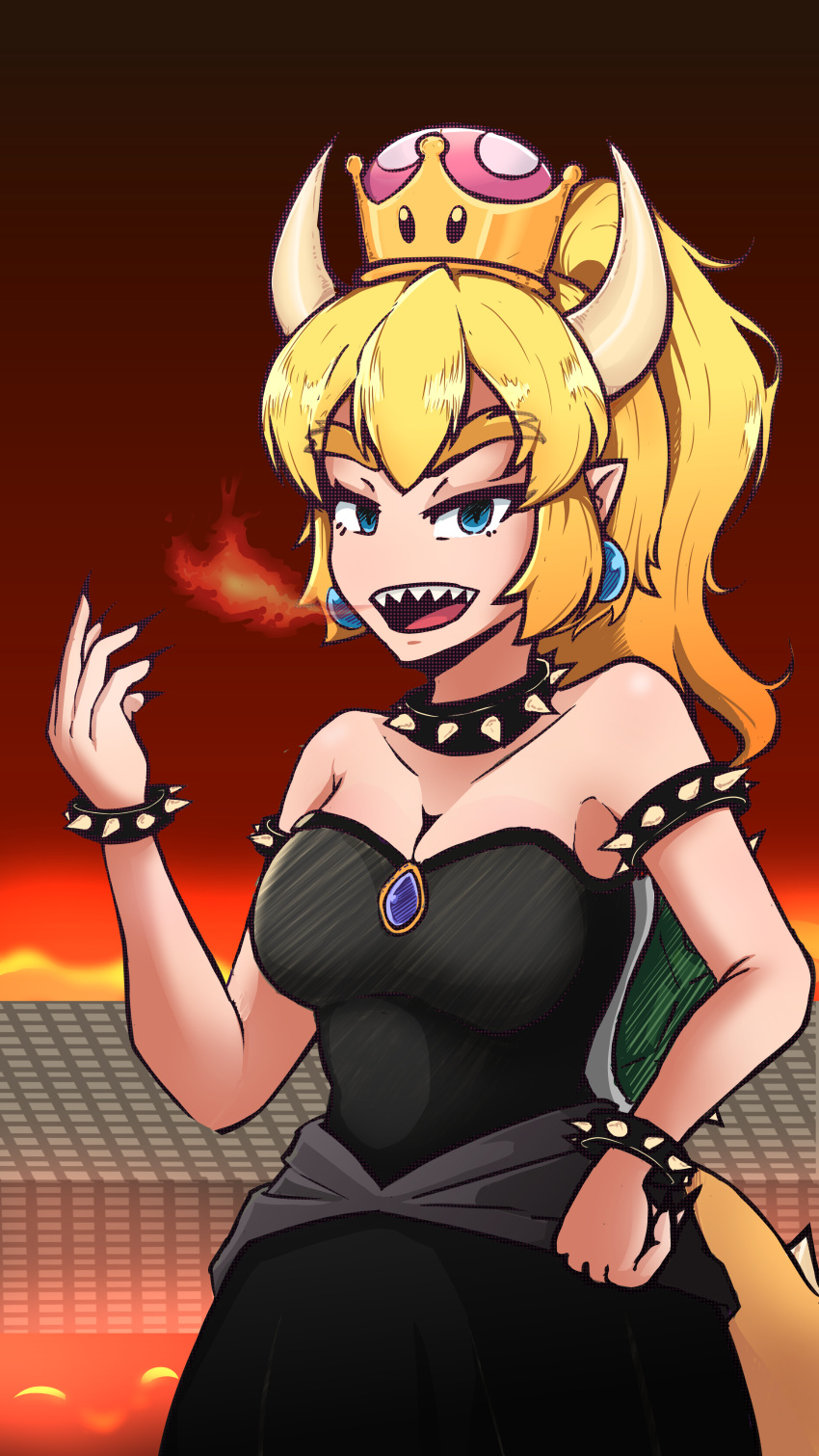 1girl absurdres blonde_hair bowsette fire highres horns super_mario_bros. monster_girl new_super_mario_bros_u_deluxe nintendo shell super_crown super_mario_bros. tagme