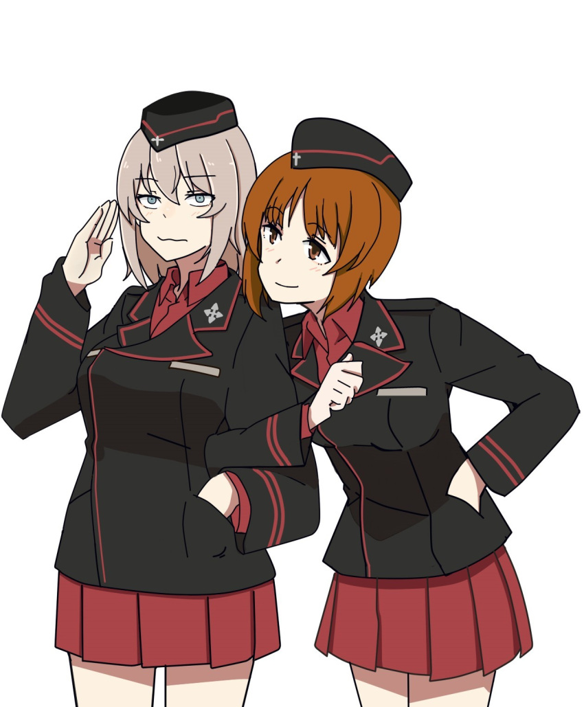 2girls arm_grab bangs black_hat black_jacket brown_eyes brown_hair clenched_hand closed_mouth commentary_request constricted_pupils cowboy_shot dress_shirt emblem eyebrows_visible_through_hair frown garrison_cap girls_und_panzer hand_in_pocket hat highres itsumi_erika jacket korean_commentary kuromorimine_military_uniform leaning_forward long_hair long_sleeves looking_at_another military military_hat military_uniform multiple_girls nishizumi_miho perfect_han pleated_skirt red_shirt red_skirt salute shirt short_hair simple_background skirt smirk standing uniform wavy_mouth white_background wing_collar