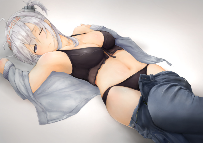 1girl absurdres bikini black_bikini breasts cleavage clothes_writing collarbone cowboy_shot denim gradient gradient_background hair_between_eyes hairband headband highres jeans kantai_collection long_hair looking_at_viewer lying medium_breasts navel one_eye_closed one_side_up open_fly pants pants_pull silver_hair solo suzutsuki_(kantai_collection) swimsuit terebi- white_background white_hairband