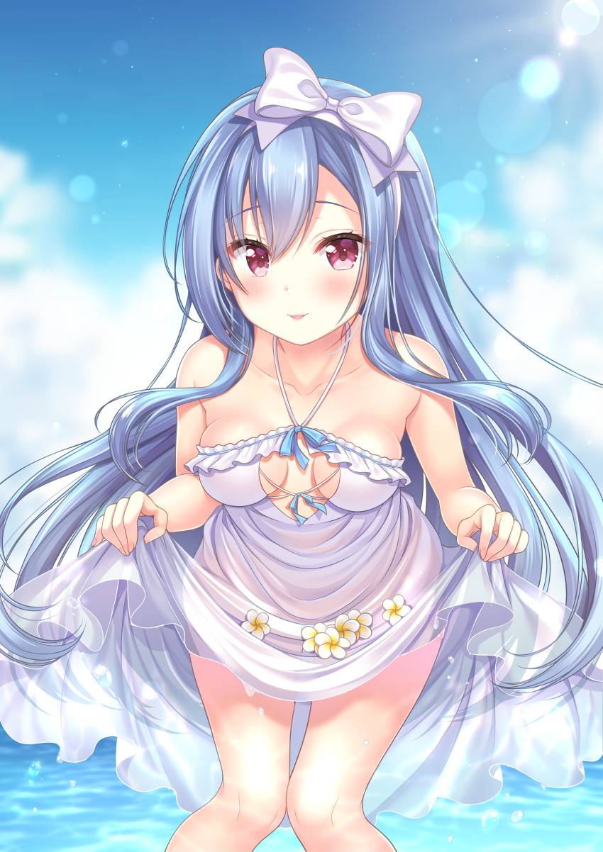1girl absurdres aoba_project aoba_rena bare_arms bare_shoulders blue_hair blue_sky bow breasts breasts_apart cleavage_cutout collarbone day dress eyebrows_visible_through_hair fingernails hairband halter_dress halterneck highres huge_filesize knees_together_feet_apart leaning_forward lens_flare long_hair looking_at_viewer medium_breasts parted_lips plumeria red_eyes sakura_moyon see-through sidelocks skirt_basket skirt_hold sky smile solo standing sundress very_long_hair wading water water_drop white_bow white_dress
