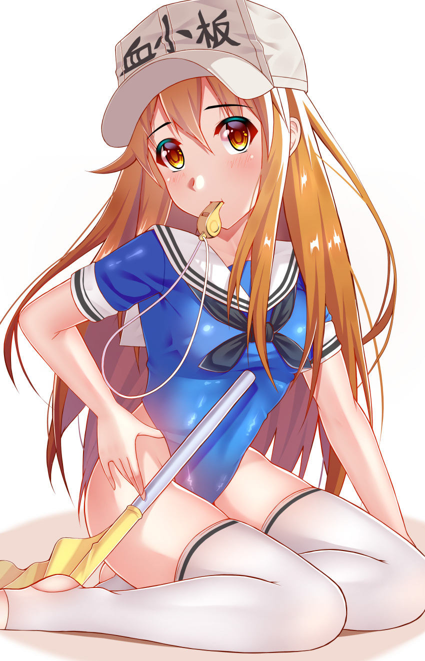 1girl absurdres baseball_cap blue_leotard brown_eyes brown_hair flag hand_on_hip hat hataraku_saibou highleg highleg_leotard highres leotard long_hair mouth_hold older platelet_(hataraku_saibou) sitting solo thigh-highs whistle white_legwear