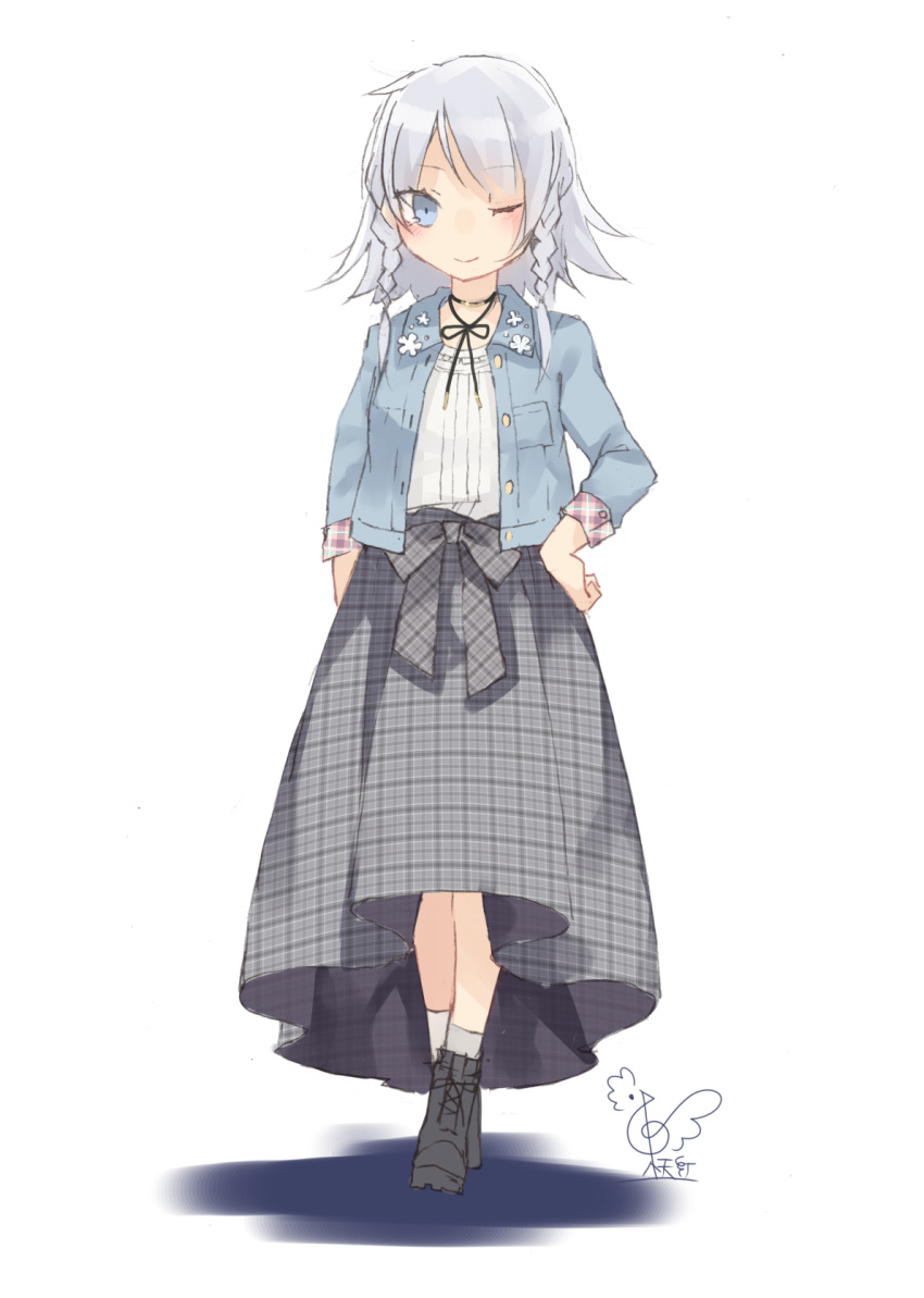 1girl ;) alternate_costume bangs black_choker blue_eyes blue_jacket blush boots casual choker commentary_request contemporary eyebrows_visible_through_hair grey_footwear grey_skirt hand_on_hip highres izayoi_sakuya jacket long_sleeves looking_at_viewer no_nose one_eye_closed open_clothes open_jacket plaid plaid_skirt ribbon_choker shadow shirt short_hair signature silver_hair simple_background skirt smile socks solo touhou toutenkou white_background white_legwear white_shirt
