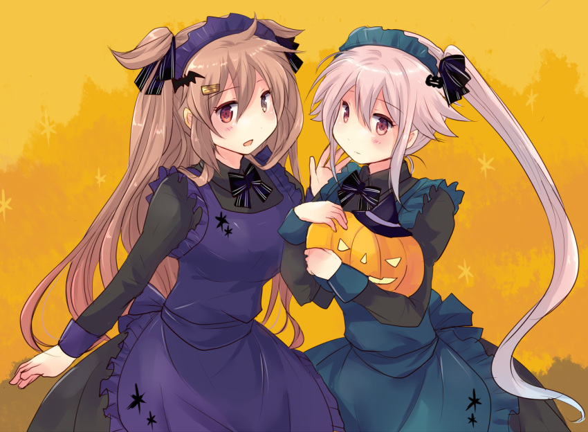 alternate_costume black_ribbon blue_hair brown_eyes commentary_request enmaided gradient_hair hair_ornament hairclip halloween harusame_(kantai_collection) hat heterochromia hirune_(konekonelkk) kantai_collection light_brown_hair long_hair maid maid_headdress multicolored_hair murasame_(kantai_collection) pink_hair pumpkin red_eyes remodel_(kantai_collection) ribbon side_ponytail twintails two_side_up witch_hat