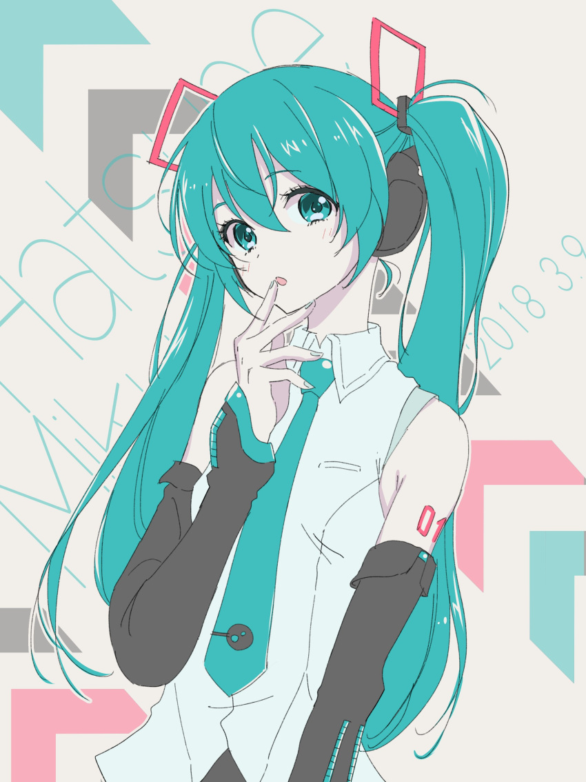 1girl :o absurdres aqua_eyes aqua_hair aqua_neckwear bangs black_sleeves character_name collared_shirt commentary dated detached_sleeves eyebrows_visible_through_hair finger_to_mouth grey_shirt hair_ornament hatsune_miku head_tilt headphones headset highres inumoto long_hair looking_at_viewer necktie open_mouth shirt sleeveless sleeveless_shirt solo standing twintails upper_body very_long_hair vocaloid wing_collar