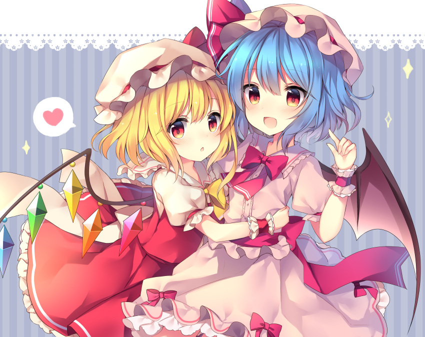 2girls absurdres bangs bat_wings blonde_hair blue_background blue_hair blush bow bowtie center_frills commentary_request cowboy_shot crystal eyebrows_visible_through_hair flandre_scarlet frilled_shirt_collar frills hair_between_eyes hand_up hat hat_bow hat_ribbon heart highres hug index_finger_raised lace_trim long_hair looking_at_viewer mob_cap multiple_girls one_side_up open_mouth parted_lips petticoat pink_hat puffy_short_sleeves puffy_sleeves red_bow red_eyes red_neckwear red_ribbon red_sash red_skirt red_vest remilia_scarlet ribbon ruhika sash short_sleeves siblings sisters skirt skirt_set smile sparkle spoken_heart striped striped_background touhou vertical-striped_background vertical_stripes vest white_hat wings wrist_cuffs yellow_bow yellow_neckwear