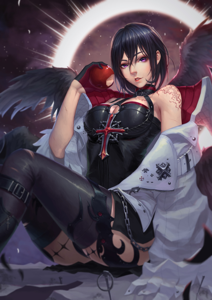 1girl absurdres apple bare_shoulders black_footwear black_gloves black_hair black_legwear black_wings breasts cleavage cleavage_cutout cross dungeon_and_fighter eating female_priest_(dungeon_and_fighter) food fruit gloves halo head_tilt highres holding holding_fruit leather_suit lipstick looking_at_viewer makeup medium_breasts nose o-ring o-ring_top off_shoulder parted_lips scar short_hair sitting solo tattoo thigh-highs thighs violet_eyes white_coat wings ye_shang_zhu