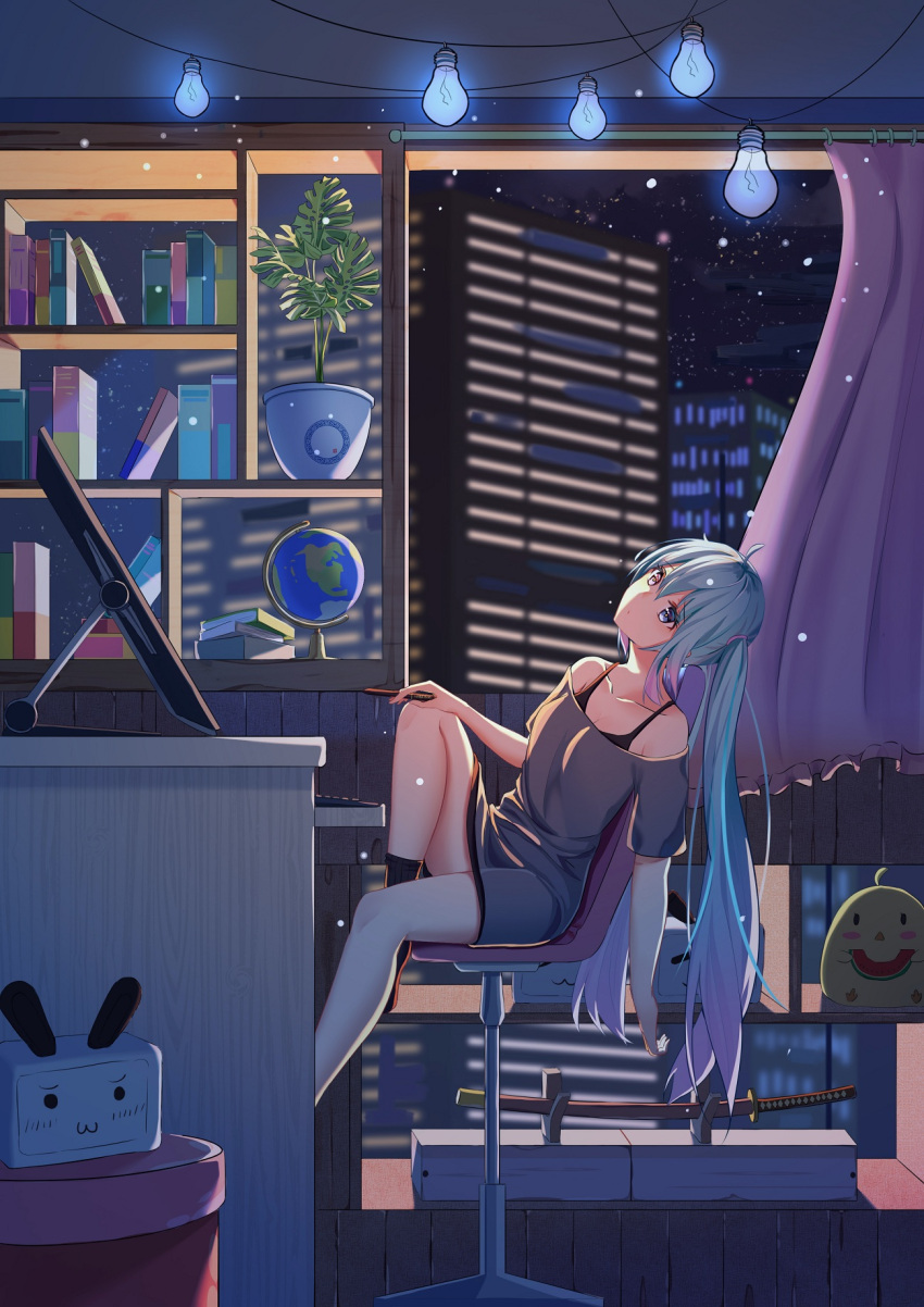 1girl bare_shoulders black_legwear blue_eyes blue_hair book building chair commentary_request globe gradient_hair grey_shirt hatsune_miku highres holding holding_stylus indoors katana keyboard_(computer) knee_up leaning_back light_bulb long_hair mobu_(wddtfy61) monitor multicolored_hair night night_sky no_shoes off-shoulder_shirt office_chair open_window pink_hair plant potted_plant purple_hair ribbed_legwear sheath sheathed shirt short_sleeves sitting sky skyscraper socks solo star_(sky) starry_sky stylus sword twintails very_long_hair vocaloid weapon window