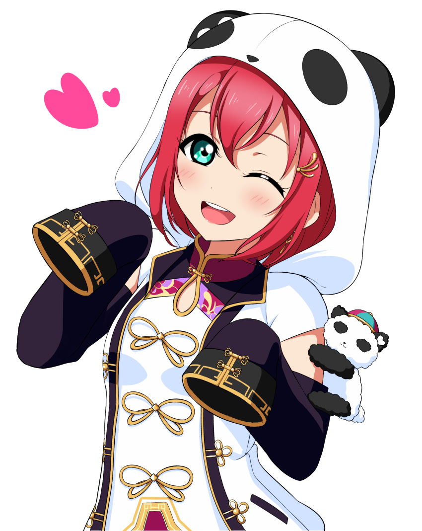 1girl ;d aqua_eyes bangs chinese_clothes commentary_request detached_sleeves hachinatsu hair_ornament hairclip heart highres hood hood_up kurosawa_ruby looking_at_viewer love_live! love_live!_sunshine!! one_eye_closed open_mouth panda panda_hood redhead round_teeth simple_background sleeves_past_fingers sleeves_past_wrists smile solo teeth upper_body upper_teeth white_background