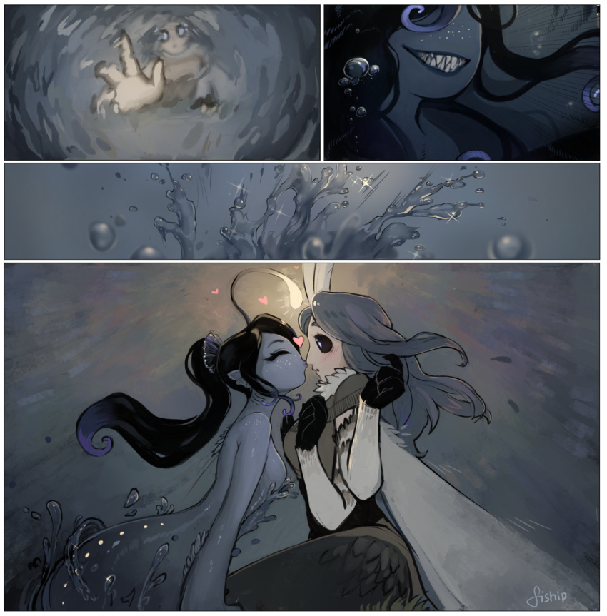 2girls air_bubble artist_name black_hair black_sclera blue_skin bubble closed_eyes comic freckles fur_collar gills grey_hair head_fins heart highres kiss long_hair matilda_vin monster_girl moth_girl moth_wings mother_lumi multiple_arms multiple_girls nose_kiss original ponytail sharp_teeth silent_comic teeth water wings