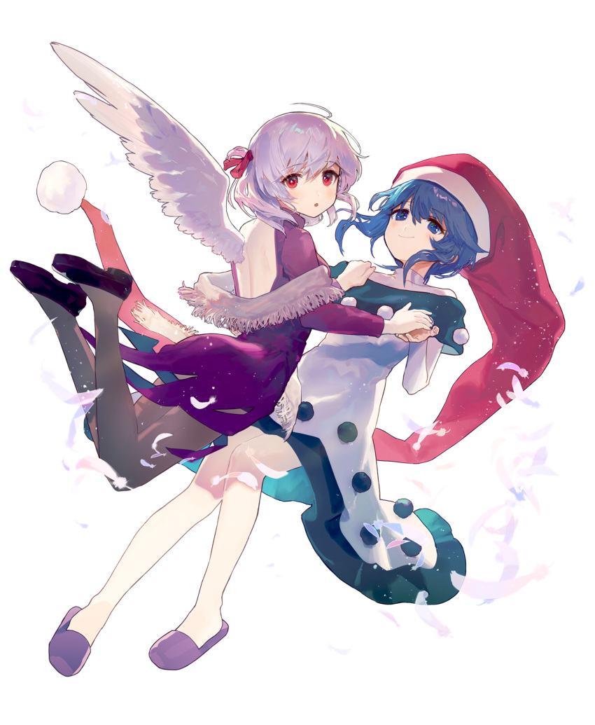 2girls :o absurdres ahoge ainy77 ass back_cutout backless_outfit bangs black_dress black_footwear blue_eyes blue_hair blush breasts collarbone doremy_sweet dress eyebrows_visible_through_hair feathered_wings feathers full_body grey_legwear hair_between_eyes hand_holding hat highres jumping kishin_sagume light_particles long_sleeves looking_at_viewer looking_back medium_breasts multicolored multicolored_clothes multicolored_dress multiple_girls off_shoulder pantyhose parted_lips purple_dress purple_footwear red_eyes red_hat santa_hat shoes short_hair silver_hair single_wing slippers smile thighs touhou transparent_background turtleneck turtleneck_dress white_dress white_wings wings