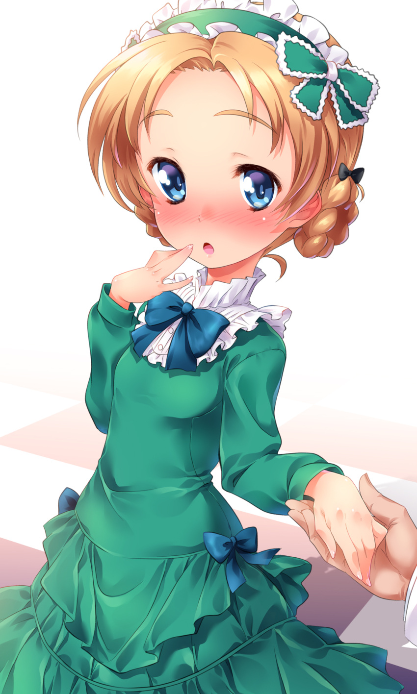 1girl absurdres bangs black_bow blue_bow blue_eyes blush bow braid commentary_request dress formal frilled_hairband frills girls_und_panzer green_dress green_hairband hair_bow hairband hand_to_own_mouth headdress high_collar highres holding_hand kuzuryuu_kennosuke long_dress long_sleeves orange_hair orange_pekoe out_of_frame parted_bangs partial_commentary pov shadow short_hair solo tied_hair twin_braids
