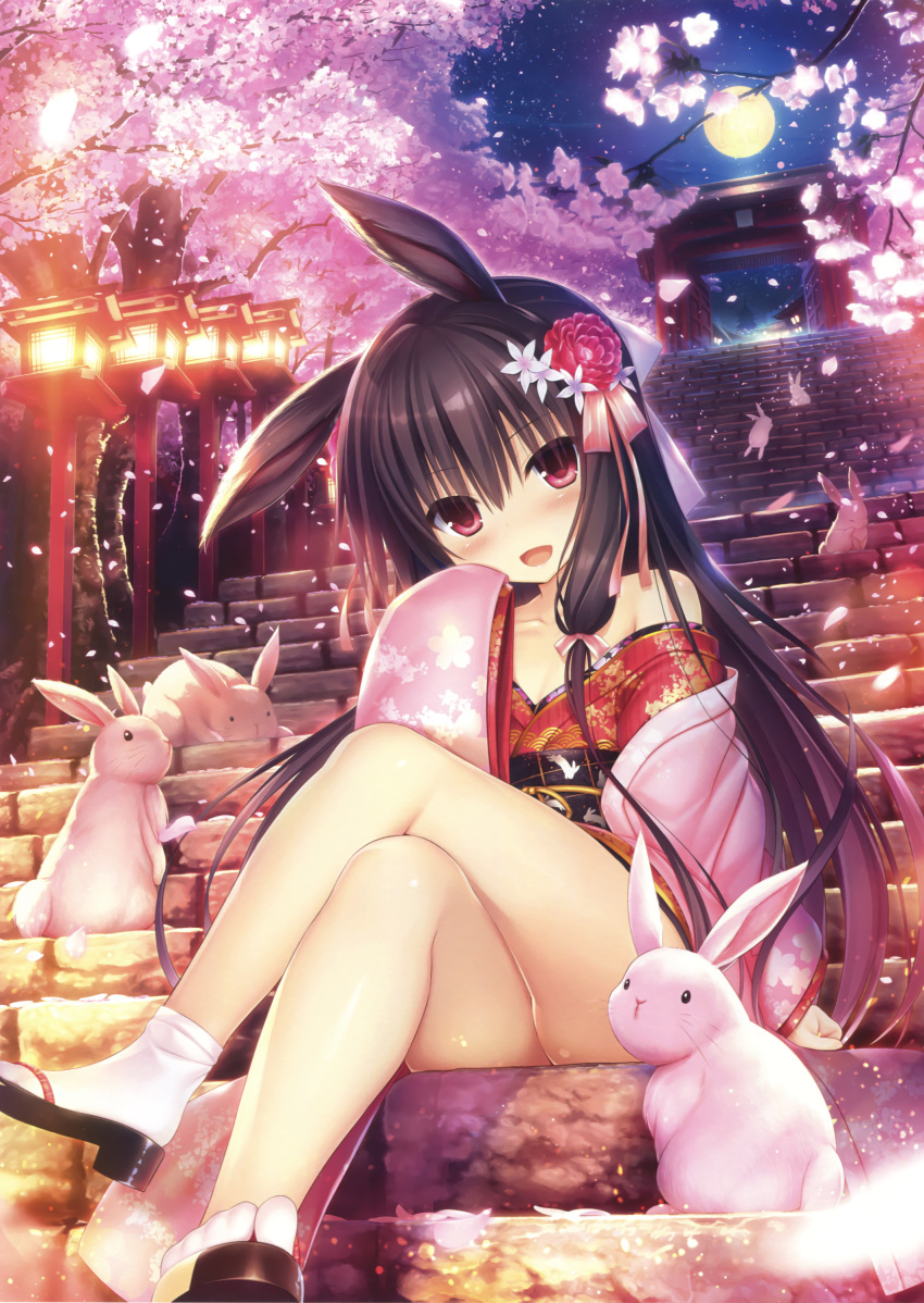 1girl :d absurdres animal animal_ears arm_at_side ass bangs bare_legs bare_shoulders black_footwear black_hair bunny_girl cherry_blossoms collarbone eyebrows_visible_through_hair flat_chest full_moon geta hair_ribbon hand_up head_tilt highres japanese_clothes kimono lantern legs_crossed light long_hair long_sleeves looking_at_viewer moon night night_sky no_panties off_shoulder open_mouth original outdoors petals pink_ribbon rabbit rabbit_ears red_eyes red_kimono ribbon sandals scan short_kimono sidelocks sitting sky sleeves_past_fingers sleeves_past_wrists smile socks solo stairs star_(sky) starry_sky tabi tree tress_ribbon utsunomiya_tsumire very_long_hair whiskers white_legwear wide_sleeves