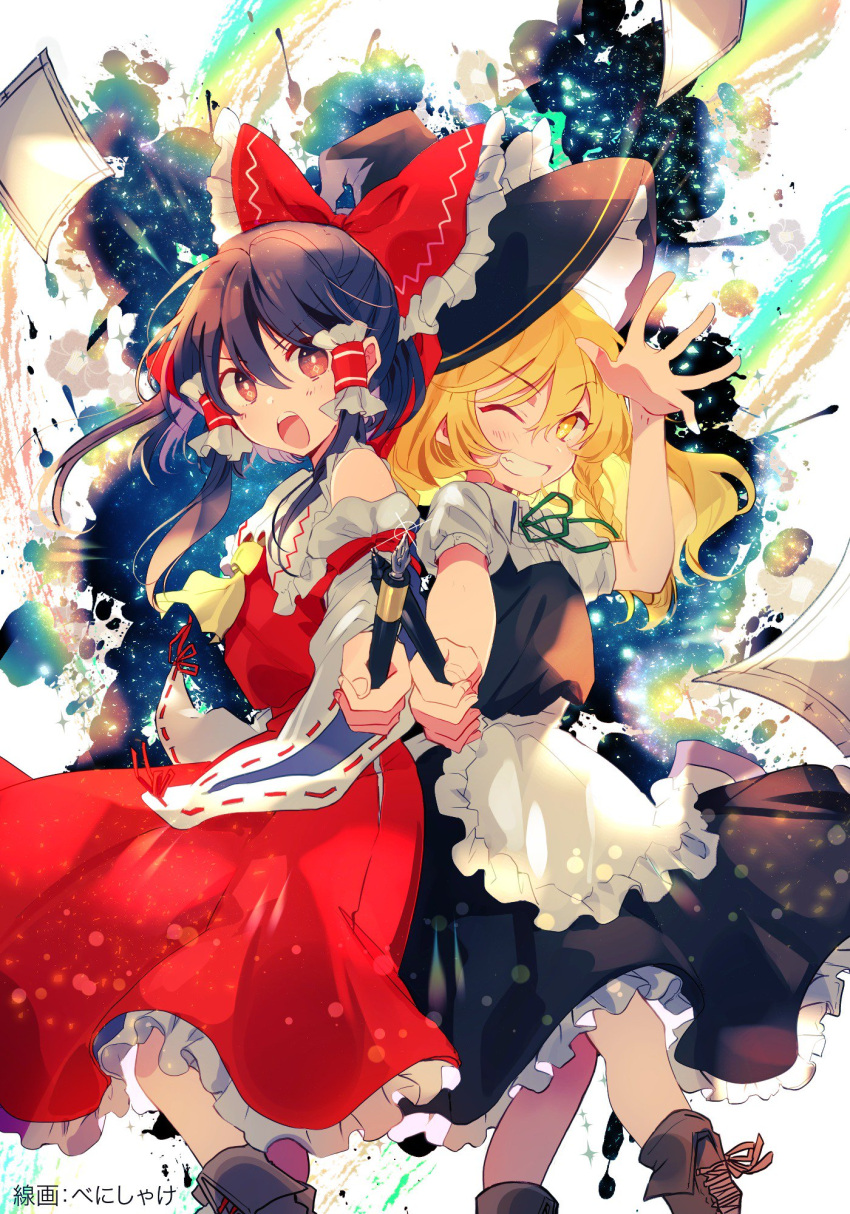 2girls apron ascot bangs black_dress black_hair blonde_hair boots bow braid brown_eyes commentary_request detached_sleeves dress frilled_bow frills hair_between_eyes hair_bow hair_tubes hakurei_reimu hat hat_bow highres japanese_clothes kirisame_marisa long_hair miko multiple_girls neck_ribbon nontraditional_miko open_mouth paper pen red_bow ribbon ribbon-trimmed_sleeves ribbon_trim short_sleeves side_braid sidelocks single_braid stylus touhou waist_apron wide_sleeves witch_hat yellow_eyes