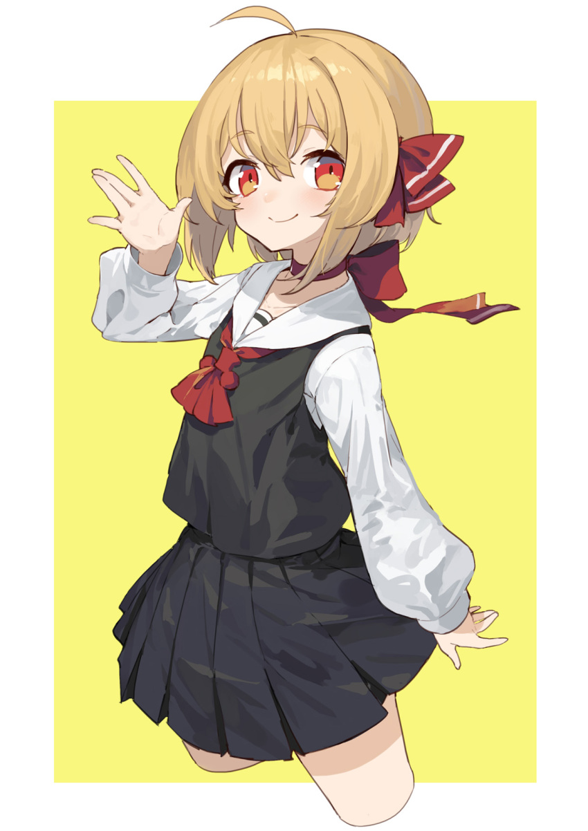1girl ahoge ascot bangs black_skirt black_vest blonde_hair blush border choker collarbone commentary_request cowboy_shot cropped_legs eyebrows_visible_through_hair hair_between_eyes hair_ribbon hand_up highres long_sleeves looking_at_viewer miniskirt outside_border pleated_skirt puffy_sleeves red_choker red_eyes red_neckwear red_ribbon ribbon ribbon_choker rumia sailor_collar sh_(562835932) shirt short_hair simple_background skirt skirt_set smile solo thighs touhou vest white_border white_sailor_collar white_shirt yellow_background