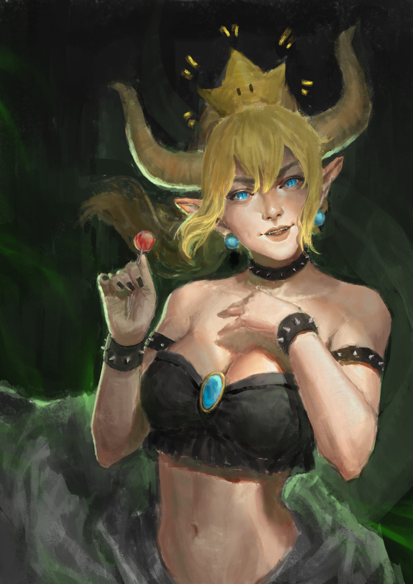1girl absurdres armlet bare_shoulders black_collar black_crop_top black_nails blonde_hair blue_eyes borrowed_design bowsette bracelet breasts candy cleavage collar collarbone commentary crop_top crown earrings english_commentary food genderswap hair_between_eyes hand_on_own_chest highres holding_lollipop horns jewelry juliana_wilhelm lollipop super_mario_bros. nail_polish navel new_super_mario_bros._u_deluxe nintendo open_mouth pointy_ears sharp_teeth speedpaint spiked_armlet spiked_bracelet spiked_collar spikes strapless super_crown super_mario_bros. teeth transformation