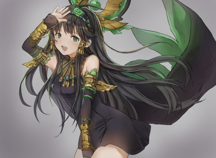 1girl armlet bare_shoulders black_dress black_hair catzz detached_sleeves dress egyptian green_eyes hair_tubes headdress jewelry long_hair nephthys_(p&amp;d) open_mouth puzzle_&amp;_dragons