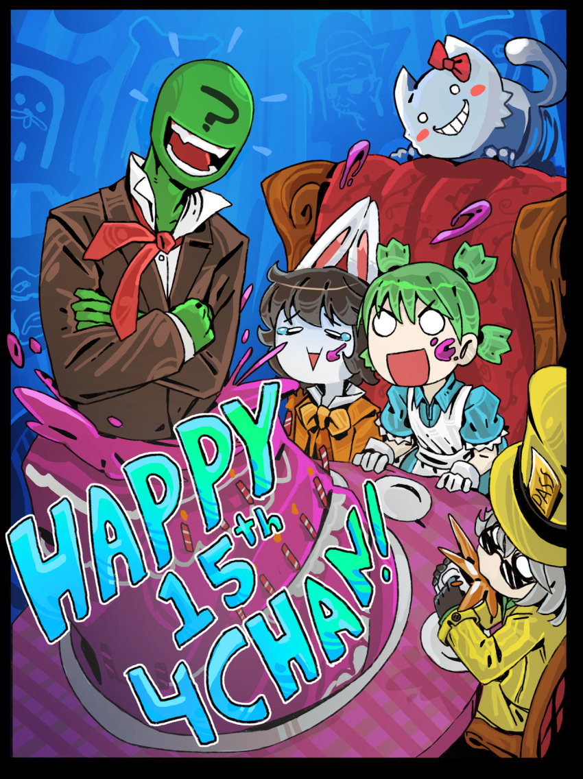 4chan ? alice_(wonderland) alice_(wonderland)_(cosplay) alice_in_wonderland animal_ears anniversary anonymous birthday_cake cake character_request cheshire_cat commentary cosplay crossed_arms english_commentary food formal green_hair green_skin happy_birthday highres koiwai_yotsuba laughing mad_hatter mad_hatter_(cosplay) multiple_girls o_o rabbit_ears ramenwarwok suit tagme tea_party yotsubato!