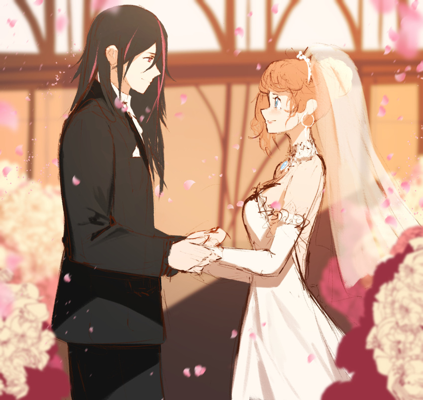 1boy 1girl black_hair blush breasts dishwasher1910 dress gloves green_eyes highres lie_ren long_hair nora_valkyrie orange_hair rwby short_hair smile violet_eyes wedding wedding_dress