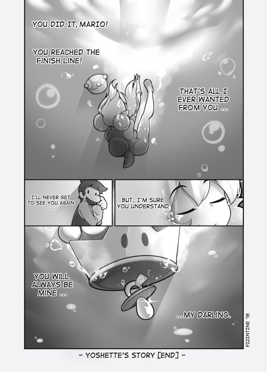 1boy 1girl artist_name asphyxiation closed_eyes comic drowning english fizintine highres mario super_mario_bros. monochrome new_super_mario_bros._u_deluxe nintendo pacifier super_crown tears wiping_tears yoshi