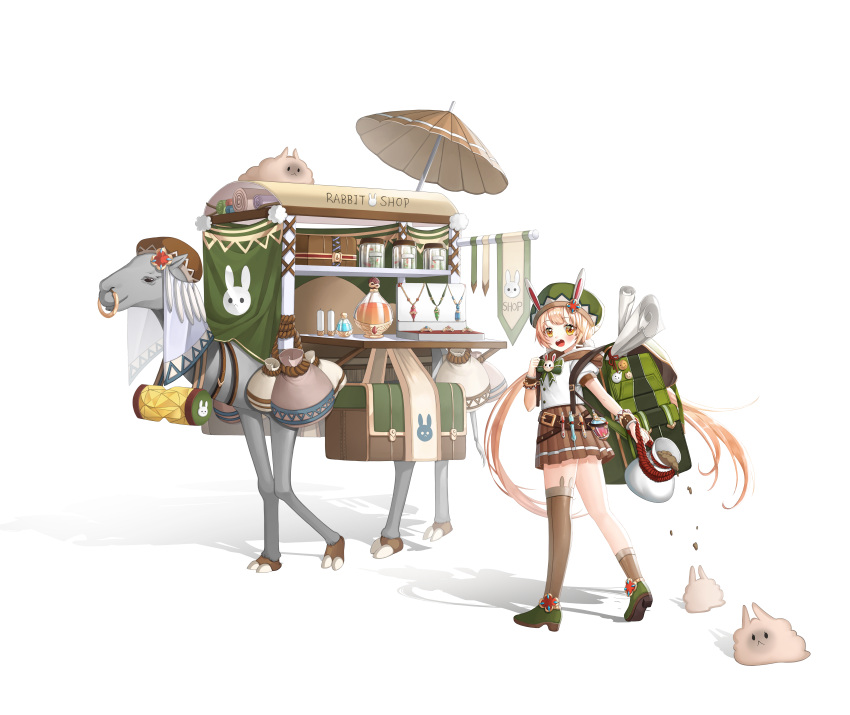 1girl absurdres animal_print backpack bag blonde_hair brown_skirt bunny_print camel commentary_request daengdaeng eyebrows_visible_through_hair green_backpack green_footwear green_headwear hat highres looking_at_viewer original paper potion shirt shop short_hair short_sleeves simple_background single_thighhigh skirt solo tagme thigh-highs white_background white_shirt yellow_eyes