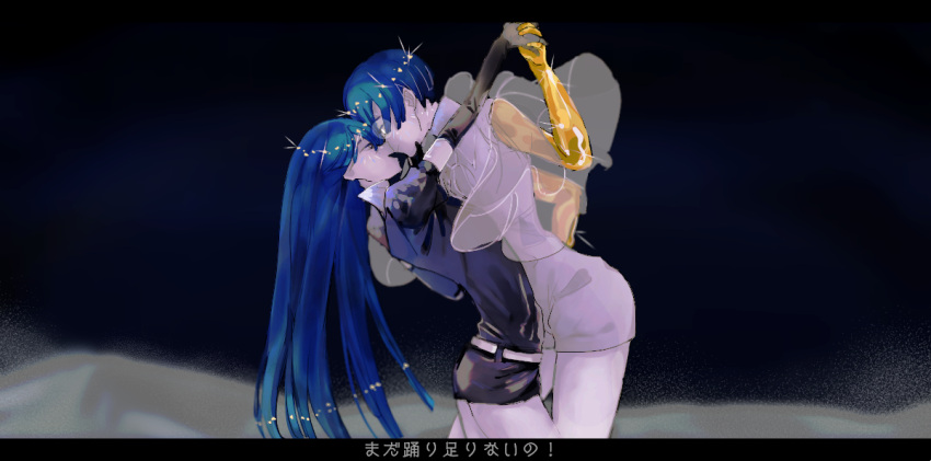 2others androgynous bangs blue_eyes blue_hair blunt_bangs colored_eyelashes crystal_hair dancing elbow_gloves face-to-face gem_uniform_(houseki_no_kuni) gloves glowing glowing_eye golden_arms hand_holding houseki_no_kuni lapis_lazuli_(houseki_no_kuni) long_hair looking_at_another multiple_others nemui_neko phosphophyllite phosphophyllite_(ll) see-through short_hair smile sparkle spoilers translated white_eyes