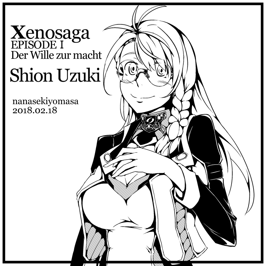 1girl absurdres braid breasts cleavage closed_mouth commentary_request glasses highres large_breasts long_hair looking_at_viewer monochrome nanase_kiyomasa shion_uzuki solo xenosaga xenosaga_episode_i