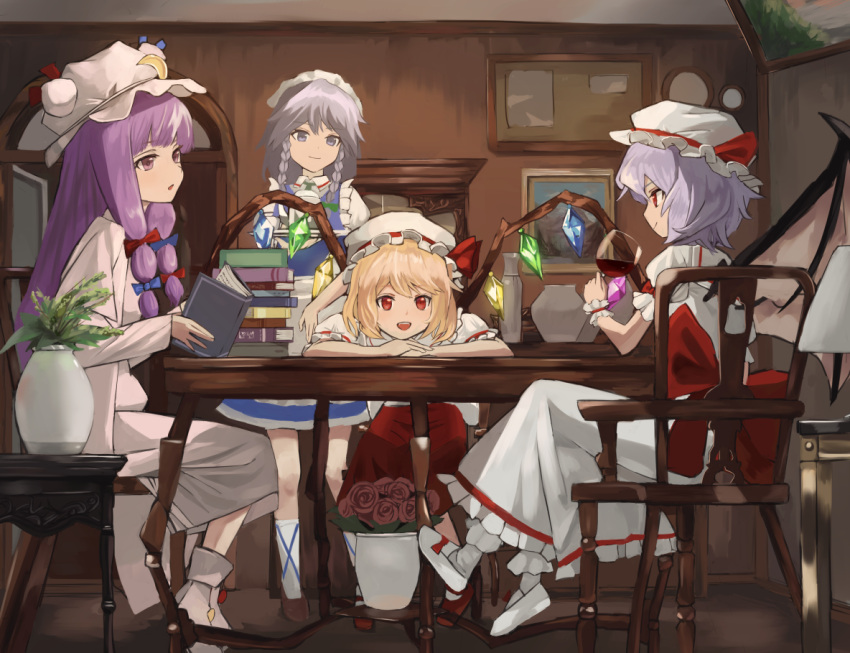 4girls ankle_boots apron arms_on_table bat_wings behind_another blonde_hair blue_dress blue_eyes book book_stack boots bow braid brown_footwear chair chin_rest commentary_request crescent crescent_hair_ornament crystal cup double_bun dress drinking_glass flandre_scarlet flower hair_ornament hair_ribbon hands_together hat hat_ribbon head_tilt holding holding_tray indoors izayoi_sakuya kneehighs lamp lavender_hair legs_crossed long_hair looking_at_another looking_at_viewer maachi_(fsam4547) maid_headdress mob_cap multiple_girls open_book open_mouth painting_(object) patchouli_knowledge picture_frame profile puffy_short_sleeves puffy_sleeves purple_hair red_bow red_eyes red_flower red_footwear red_rose red_skirt remilia_scarlet ribbon robe rose short_hair short_sleeves sidelocks silver_hair sitting skirt smile standing table teapot touhou tray tress_ribbon twin_braids vase very_long_hair violet_eyes waist_apron white_dress white_footwear white_legwear wine_glass wings wrist_cuffs