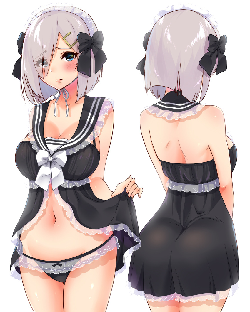 1girl absurdres alternate_costume ass black_dress black_panties blue_eyes blush breasts collarbone dress dress_lift embarrassed enmaided frilled_panties frills from_behind hair_ornament hair_over_one_eye hairclip hamakaze_(kantai_collection) highres impossible_clothes kantai_collection large_breasts looking_at_viewer maid multiple_views navel panties sailor_collar sarfata short_hair silver_hair simple_background underwear upper_body white_background