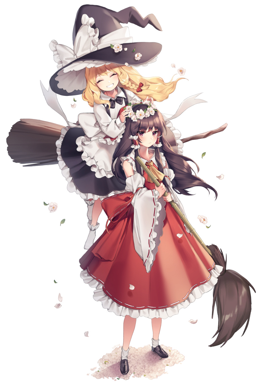 2girls ^_^ apron ascot black_bow black_footwear black_hair black_hat black_neckwear black_skirt black_vest blonde_hair blush bow bowtie braid broom brown_hair closed_eyes closed_eyes commentary_request detached_sleeves facing_viewer flower frilled_apron frilled_bow frilled_shirt_collar frilled_sleeves frills full_body grin hair_bow hair_tubes hajin hakurei_reimu hat hat_bow head_tilt head_wreath highres holding holding_broom kirisame_marisa leaf loafers long_hair long_sleeves looking_at_viewer multiple_girls no_shoes petticoat puffy_sleeves red_bow red_skirt ribbon-trimmed_sleeves ribbon_trim shadow shirt shoes sidelocks single_braid skirt skirt_set smile socks standing touhou transparent_background vest waist_apron white_apron white_bow white_flower white_legwear white_shirt wide_sleeves witch_hat yellow_neckwear