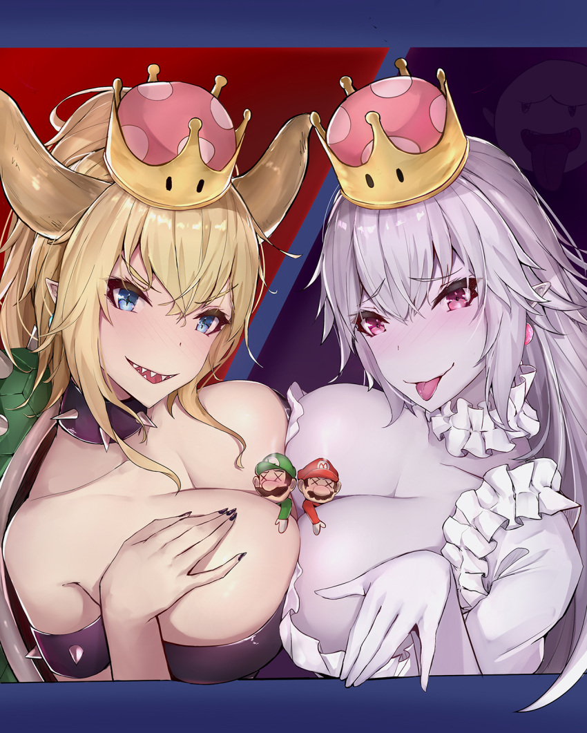 2boys 2girls :p armlet between_breasts black_nails blonde_hair blue_eyes blush bowsette breasts choker collar commentary_request crown eyebrows_visible_through_hair facial_hair frilled_choker frills gloves green_hat hair_between_eyes hat highres horns large_breasts letterboxed long_hair looking_at_viewer luigi luigi's_mansion mario super_mario_bros. multiple_boys multiple_girls mustache nail_polish new_super_mario_bros._u_deluxe nintendo pale_skin pink_eyes pointy_ears ponytail princess_king_boo red_hat sharp_teeth sherryqq short_hair silver_hair smile spiked_armlet spiked_collar spikes super_crown teeth tongue tongue_out upper_body white_choker white_gloves x_x