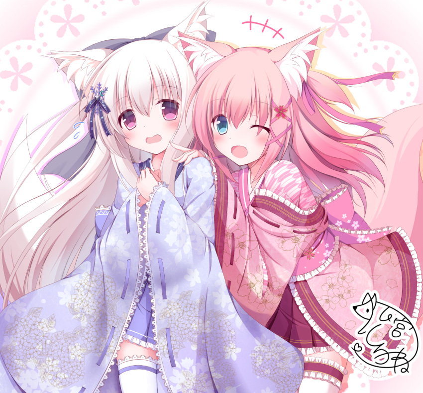 2girls ;d animal_ear_fluff animal_ears bangs blue_eyes blue_kimono blue_skirt blush commentary_request eyebrows_visible_through_hair fingernails floral_print flying_sweatdrops fox_ears frilled_legwear frilled_skirt frilled_sleeves frills hair_between_eyes hair_ornament hair_ribbon japanese_clothes kimono komiya_shirone long_hair long_sleeves multiple_girls one_eye_closed open_mouth original own_hands_together pink_hair pink_kimono pink_ribbon pleated_skirt print_kimono red_skirt ribbon ribbon-trimmed_sleeves ribbon_trim short_kimono signature skirt smile snowflake_hair_ornament thigh-highs very_long_hair violet_eyes white_hair white_legwear wide_sleeves yagasuri