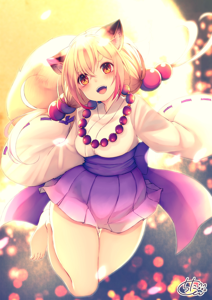 1girl :d animal_ear_fluff animal_ears bangs bare_legs barefoot bead_necklace beads blurry blurry_background blush bow breasts chita_(ketchup) commentary_request depth_of_field eyebrows_visible_through_hair fox_ears fox_girl fox_tail full_body hair_between_eyes hair_ornament head_tilt highres japanese_clothes jewelry kimono light_brown_hair long_hair long_sleeves low_twintails medium_breasts necklace open_mouth original pleated_skirt prayer_beads purple_bow purple_skirt red_eyes ribbon-trimmed_sleeves ribbon_trim short_eyebrows short_kimono signature skirt smile solo tail tail_raised thick_eyebrows twintails very_long_hair white_kimono wide_sleeves