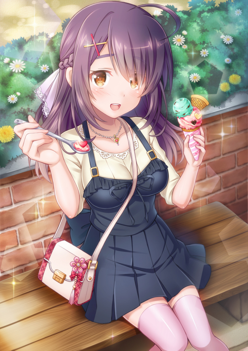 1girl ahoge bag bag_charm bench black_skirt blush braid breasts brick_wall brown_eyes bush charm_(object) crown_braid day flower food hair_ornament handbag highres ice_cream ice_cream_cone jewelry large_breasts looking_at_viewer medium_hair necklace original outdoors pink_legwear purple_hair sitting skirt sparkle spoon suspender_skirt suspenders suzumia_(daydream) x_hair_ornament