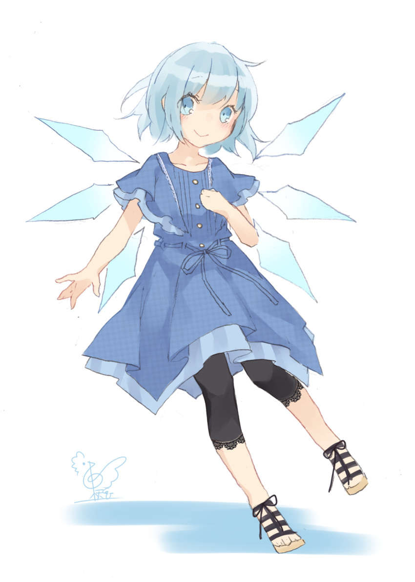 1girl alternate_costume bangs black_pants blue_dress blue_eyes blue_hair blush casual cirno collarbone commentary_request contemporary dress eyebrows_visible_through_hair full_body hand_on_own_chest highres ice ice_wings lace_trim looking_at_viewer no_nose pants petticoat shadow shoes short_hair short_sleeves signature simple_background smile solo touhou toutenkou white_background wide_sleeves wings