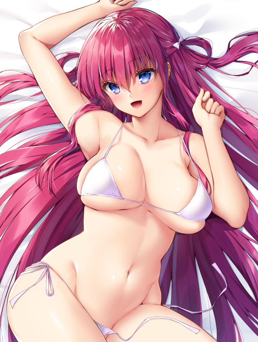 1girl :d arm_up armpits bikini blue_eyes breasts cleavage commentary_request cowboy_shot eyebrows_visible_through_hair grisaia_(series) hair_between_eyes half_updo highres jiiwara large_breasts long_hair lying navel on_back one_side_up open_mouth pink_hair side-tie_bikini skindentation smile solo strap_gap string_bikini suou_amane swimsuit untied untied_bikini very_long_hair white_bikini