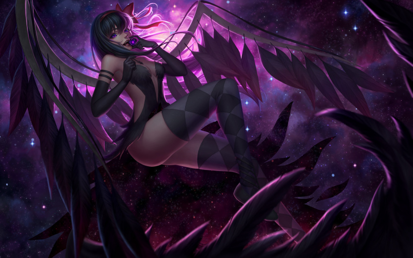 1girl absurdres akemi_homura akuma_homura argyle argyle_legwear bangs bare_shoulders black_footwear black_gloves black_hair black_hairband black_wings breasts cleavage elbow_gloves feathered_wings full_body galaxy gloves hairband highres holding long_hair looking_at_viewer magical_girl mahou_shoujo_madoka_magica medium_breasts open_mouth realistic ribbon solo thigh-highs thighs violet_eyes wings ye_shang_zhu