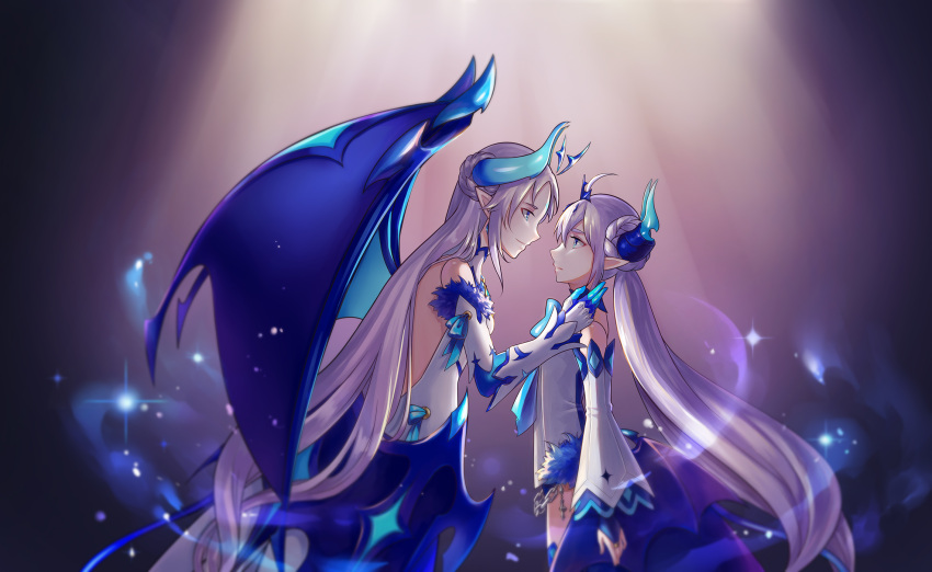 2girls asiya_(joey26504) backless_dress backless_outfit bare_shoulders chains crown demon_girl demon_horns demon_wings detached_sleeves dress elsword fluffy gloves glowing highres horns ishtar_(elsword) long_hair luciela_r._sourcream multiple_girls noblesse_(elsword) simple_background twintails white_hair wings