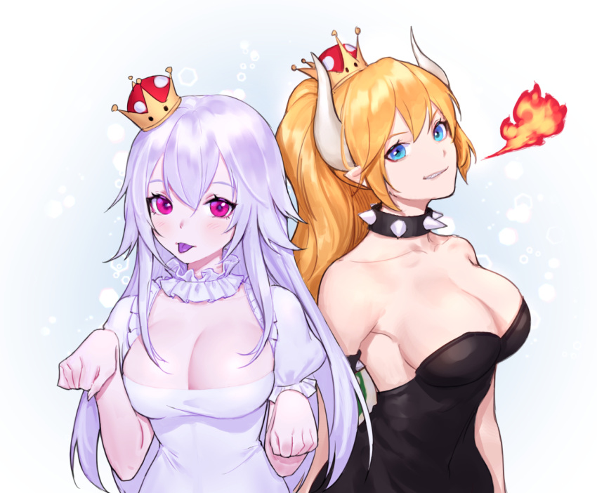 2girls :p bare_shoulders blonde_hair blue_eyes bowsette breasts choker cleavage collar collarbone crown fire frilled_choker frills hair_between_eyes large_breasts long_hair looking_at_viewer luigi's_mansion super_mario_bros. multiple_girls new_super_mario_bros._u_deluxe nintendo pale_skin pink_eyes ponytail princess_king_boo purple_tongue siun smile spiked_armlet spiked_collar spikes super_crown tongue tongue_out white_choker