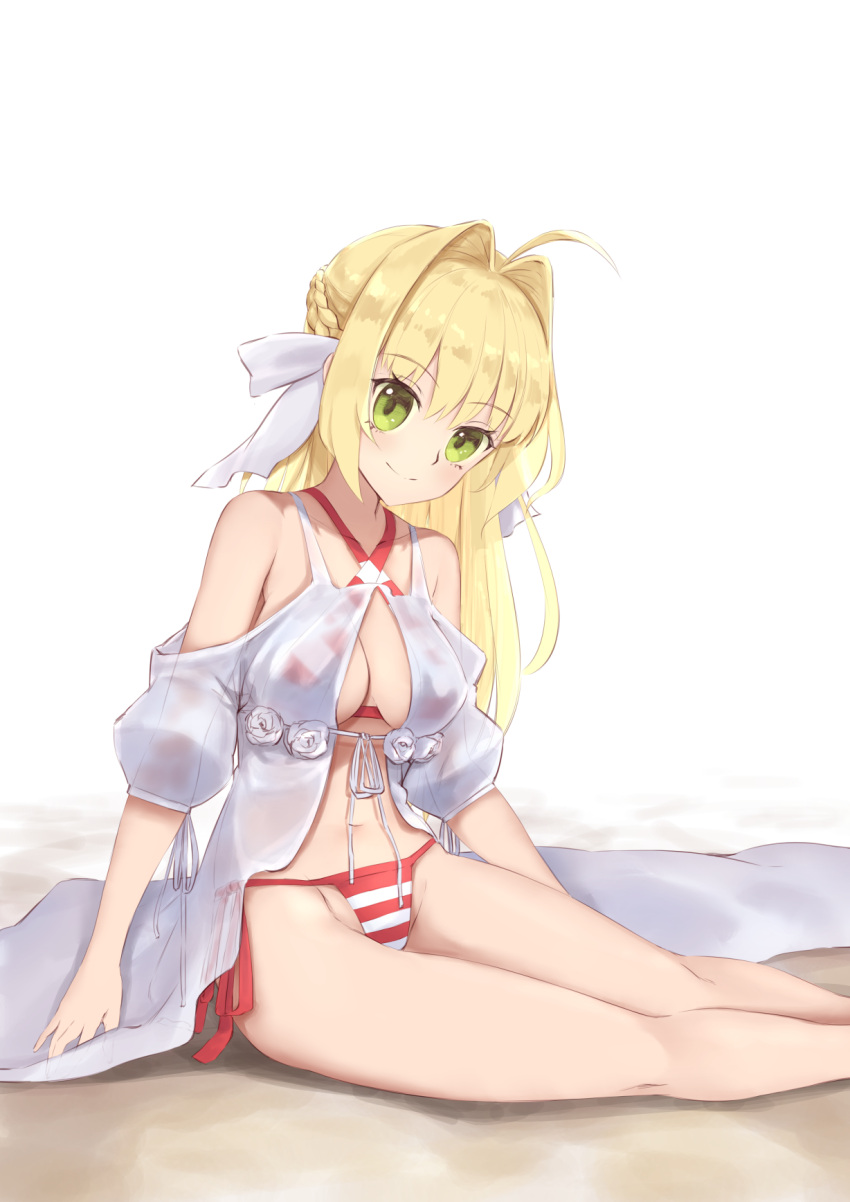 1girl ahoge bangs bare_shoulders bikini blonde_hair bow braid closed_mouth collarbone commentary_request criss-cross_halter eyebrows_visible_through_hair fate/grand_order fate_(series) flower green_eyes groin hair_between_eyes hair_bow hair_intakes halter_top halterneck head_tilt highres jacket jilu long_hair nero_claudius_(fate)_(all) nero_claudius_(swimsuit_caster)_(fate) puffy_short_sleeves puffy_sleeves ribbon rose see-through short_sleeves side-tie_bikini sitting smile solo striped striped_bikini swimsuit very_long_hair white_bow white_flower white_ribbon white_rose